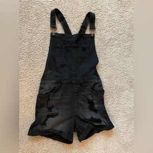 Black distressed overall romper/shorts, stretchy jean material, size L